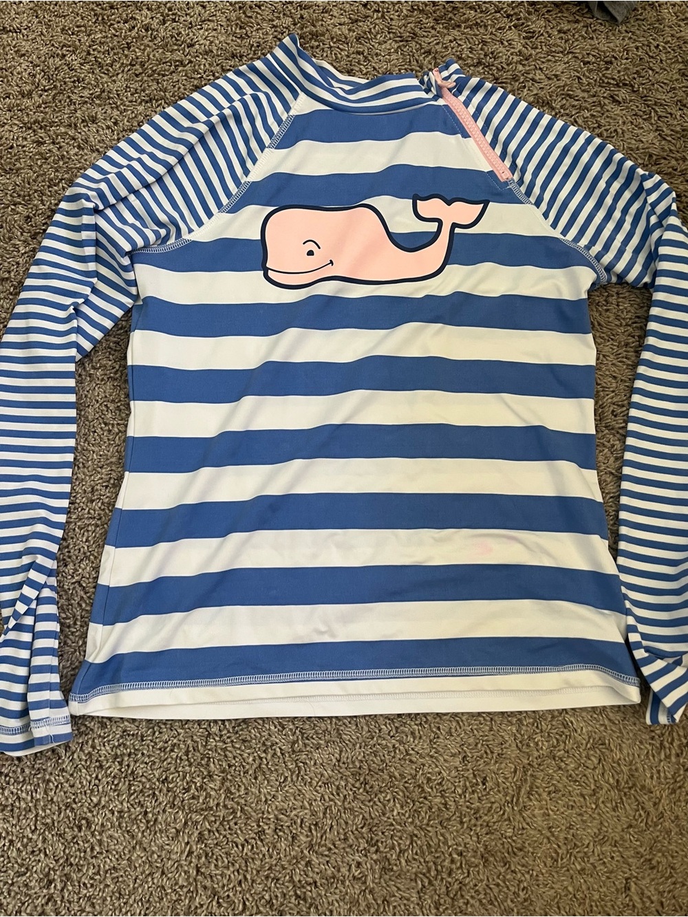 Vineyard Vines Blue & White Striped Long-Sleeve Rashguard with Pink Whale
